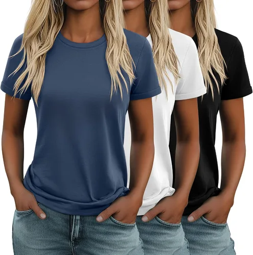 Miniatura 29 de Huukeay Paquete de 3 camisetas de algodón para mujer, estilo casual, de manga corta, cuello redondo, ajuste holgado, básica, lisa