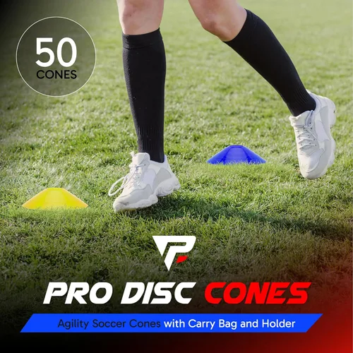 Miniatura 6 de Juego de 50 conos de disco profesionales para fútbol, con bolsa de transporte y soporte para entrenamiento, marcadores de campo con diseño de cono