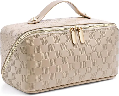 Miniatura 22 de Bolsa de cosméticos de viaje de gran capacidad - Bolsas de maquillaje portátiles para mujeres, impermeable, de cuero PU a cuadros, con organizador
