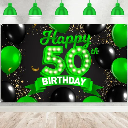 Miniatura 20 de Cartel de feliz cumpleaños 26 verde y negro, telón de fondo con texto en inglés "Cheers to 26 years old confeti", globos de confeti, decoración