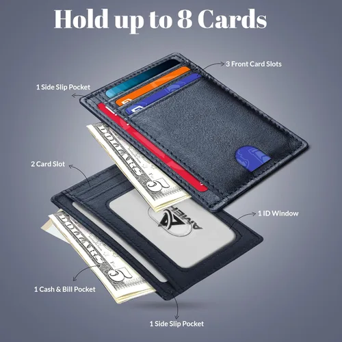 Miniatura 2 de AMEHA Cartera minimalista delgada para hombre, bolsillo frontal, de cuero real, con bloqueo RFID, tarjetero de crédito comercial con ventana