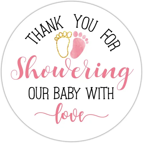 Calcomanías rosadas para baby shower, gracias por duchar a nuestro bebé con amor, recuerdos de baby shower para niñas, 2 pulgadas, paquete de 50