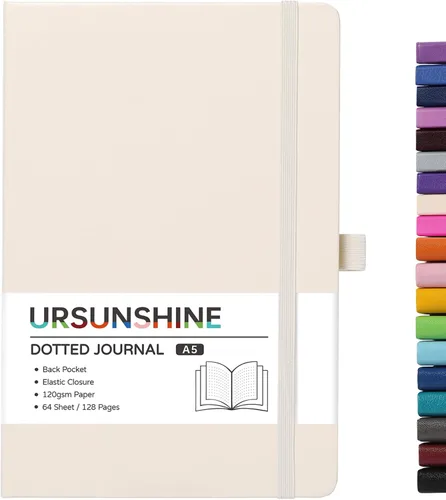 Miniatura 11 de Cuaderno punteado, diario, 5.3 x 8.26 pulgadas, tapa dura, prémium, papel grueso, doble espiral, bandas, cuero negro sintético, lazo para bolígrafo