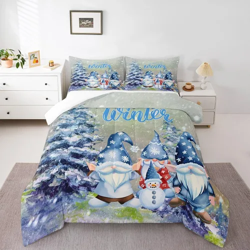 Miniatura 9 de Manfei Juego de edredón de Navidad, tamaño Queen, lindo muñeco de nieve, perros, copo de nieve, edredón con 2 fundas de almohada, juego de ropa