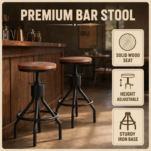 Miniatura 10 de Taburete de bar industrial vintage con altura ajustable, taburete de cocina estilo francés de granja, silla giratoria, madera maciza Chiar, fácil