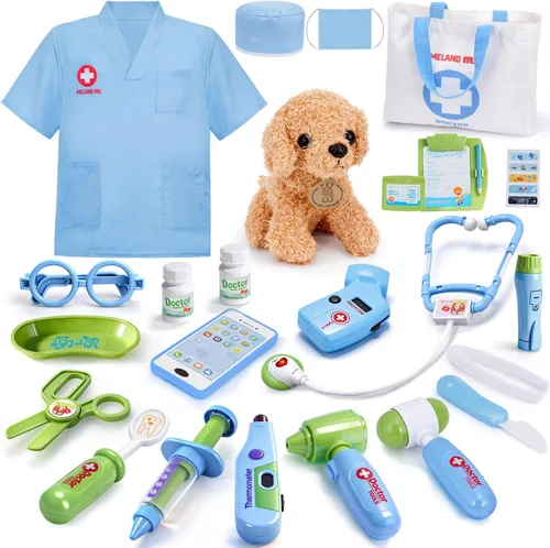 Miniatura 9 de Meland Kit de médico de juguete para niñas, juego de doctor con funda de transporte, juguete de estetoscopio y disfraz de disfraz, juego de doctor