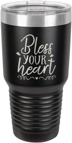 Bless Your Heart - Vaso negro de 30 onzas con popote y tapa superior deslizante | Taza de viaje de acero inoxidable | Comparar con Yeti Rambler