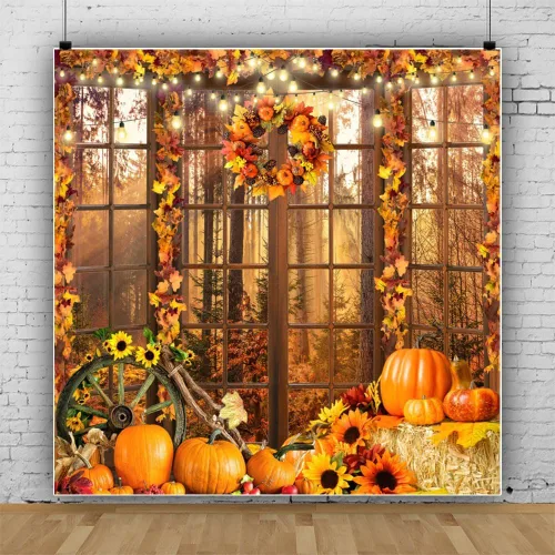 Miniatura 13 de Fondo de fotos de ventana de otoño de 7 x 5 pies, paisaje de bosque de otoño, hojas de arce, cosecha de calabaza, fondo de fotografía, tema