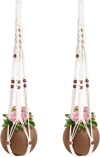 Necamocu Colgador de macramé para plantas con cuentas de madera de colores y 4 ganchos, elegante soporte colgante para plantas de interior y