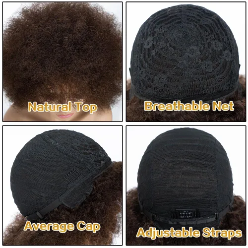 Miniatura 7 de JOEDIR HAIR Pelucas afro para mujeres negras, cabello humano castaño oscuro, peluca rizada afro corta afro de 8 pulgadas, pelucas afro grandes 4