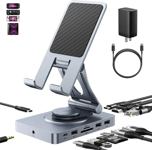 Miniatura 10 de Estación de acoplamiento USB C rotativa 360° para iPad Pro, Tablet, Samsung, Steam Deck, ROG Ally, Legion Go, Msi Claw, etc, 11 en 1 con lector SD