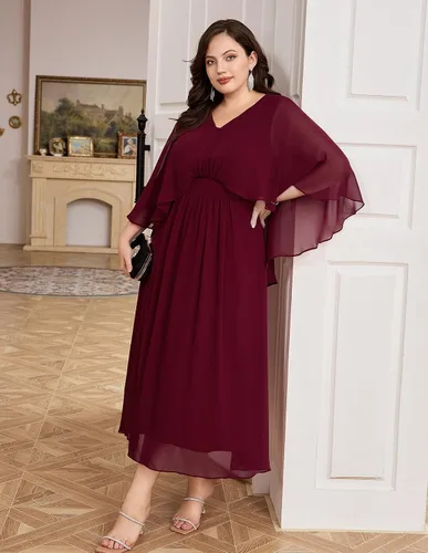 Miniatura 4 de Hanna Nikole Vestido de fiesta de noche de gasa con cuello en V para mujer, talla grande, manga capa, maxi vestidos para invitados de boda