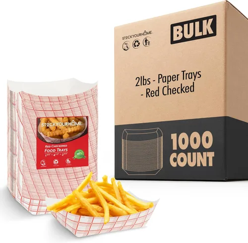 Miniatura 10 de Botes pequeños de papel para alimentos (paquete de 100) bandejas desechables de 1 libra a cuadros rojos y blancos, botes de comida ecológicos, botes