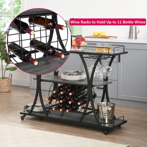 Miniatura 7 de mikibama Carrito de bar industrial de metal móvil de madera para el hogar, pequeño carrito de bar rústico con estante para vino y estantes