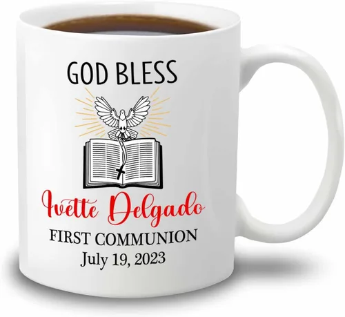 Miniatura 8 de Tazas personalizadas de la Santa Comunión de 11 onzas y 15 onzas, taza de café blanca con texto en inglés "My First Holy Communion", regalos
