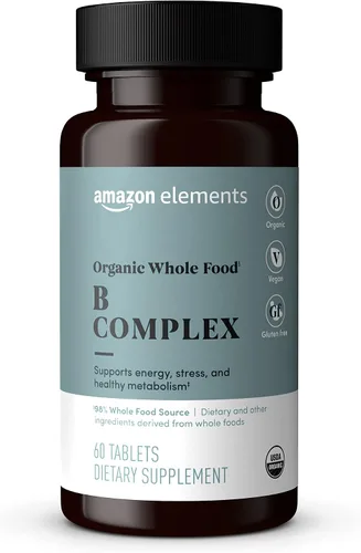 Amazon Elements Complejo B orgánico de alimentos integrales, 98% de fuente de alimentos integrales, ingredientes dietéticos y otros derivados de