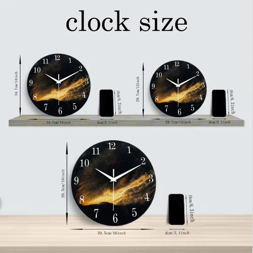 Miniatura 6 de Reloj de pared moderno negro y dorado con pilas, reloj de pared silencioso de 12 pulgadas, reloj de pared de vidrio sin tictac para sala de estar