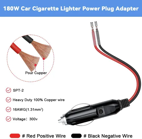 Miniatura 3 de Adaptador para encendedor de cigarrillos de auto, enchufe macho de 12 V, con cables y luz LED, 16 AWG/15 A de fusible/1 pie/paquete de 2 (1# 1a2)
