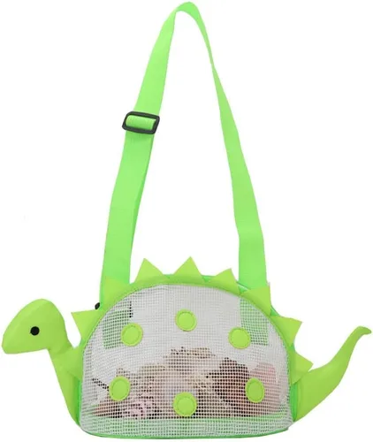 Miniatura 12 de AUONY Bolsa de playa de malla para juguete de playa, bolsa de conchas para niños, bolsa de juguete de arena de dinosaurio para sostener conchas, Azul