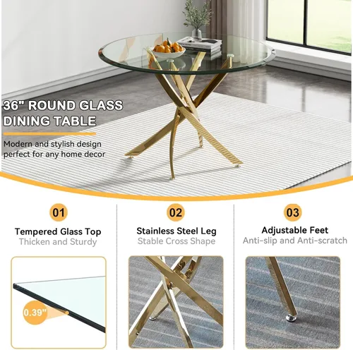 Miniatura 4 de Juego de mesa redonda de comedor para 2, juego de mesa de comedor de 3 piezas con mesa de comedor de vidrio plateado de 36 pulgadas y 2 sillas