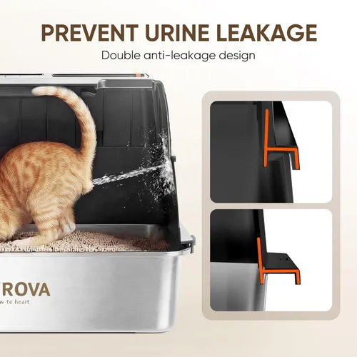 Miniatura 4 de Caja de arena de acero inoxidable 304 con tapa abatible, fácil de limpiar, caja de arena cerrada para gatos grandes, lados altos para pulverización