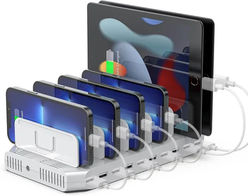 Miniatura 9 de Unitek Estación de carga múltiple, cargador USB de 10 puertos para múltiples dispositivos con tecnología SmartIC y divisores ajustables, soporte