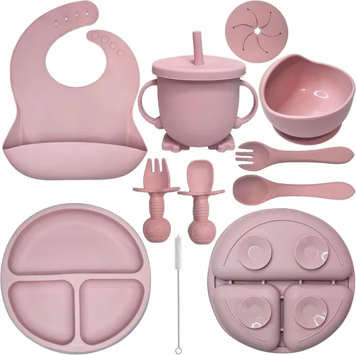 HippoBaby Suministros de destete para bebés | Juego de alimentación para bebés de silicona de 10 piezas, babero para bebé y niño pequeño, taza,