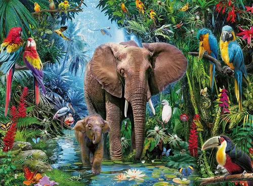 Rompecabezas para adultos de 1000 piezas para adultos, loro elefante y bosque lluvioso de 27.56 x 19.69 pulgadas, rompecabezas de 1000 piezas para