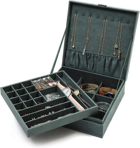 Joyero de terciopelo verde con cerradura para mujeres y hombres caja de almacenamiento con 2 capas para aretes pulseras collares anillos 105 x 105 x