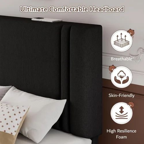 Miniatura 4 de iPormis Marco de cama de plataforma twin con cabecera tapizada de tela y patas engrosadas, base de colchón con soporte de listones de madera maciza