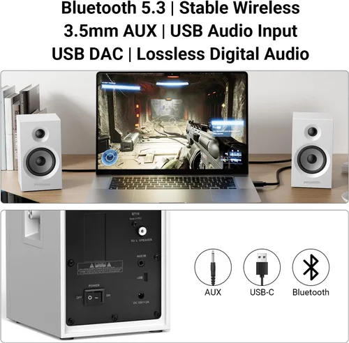 Miniatura 9 de BT16 - Altavoces activos para estantería de 3.5 pulgadas con tweeter de 1 pulgada, 60 W RMS-Bluetooth 5.3, DAC USB integrado de 24 bits dinámico