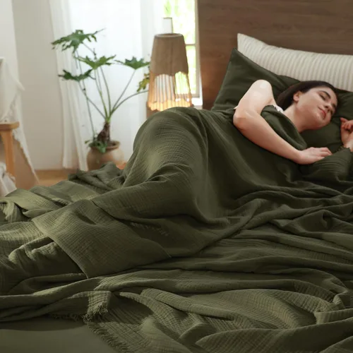 Miniatura 5 de MooMee - Manta de muselina 100% algodón, manta de 4 capas de gasa con borlas, ultra suave, transpirable, ligera y refrescante para cama y sofá Verde