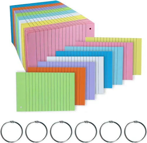 TFLFL Tarjetas de índice de 4 x 6 pulgadas, 600 tarjetas flash con anillos, 8 colores, tarjetas de índice rayadas, tarjetas flash rayadas de colores