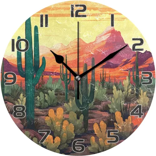 Kigai Reloj de pared de cactus del desierto, silencioso sin tictac, funciona con pilas, reloj redondo para cocina, oficina, escuela, hogar decorativo