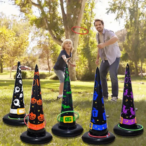 Miniatura 6 de Poptrend Paquete de 5 juguetes de Halloween, juegos inflables de sombrero de bruja para lanzar anillos, juego inflable de lanzamiento de anillos
