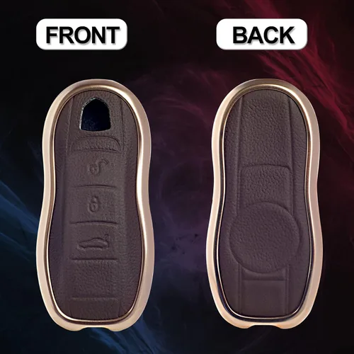Miniatura 2 de Funda de piel marrón y aluminio compatible con Porsche Macan Cayenne Panamera 911 con 3 botones sin llave (llave antigua)