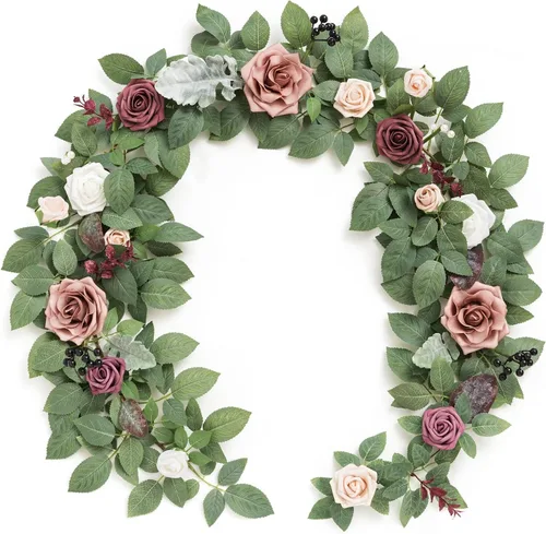 Miniatura 10 de Ling's Moment - Guirnalda de Flores Artificiales de 5 Pies de Borgoña, Guirnalda Floral de Rosa Marrón, Flores de Arco, Vid para Decoración de Fondo