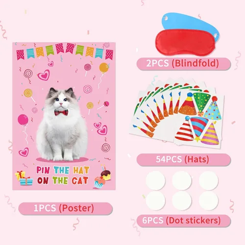 Miniatura 5 de Juego de fiesta de Hooqict Pin The Hat On The Cat para gatos, juegos de fiesta de cumpleaños de gato para niños, suministros de fiesta de cumpleaños