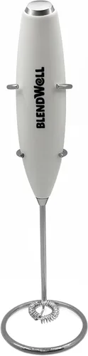 BlendWell Espumador de leche eléctrico para matcha y café, mezclador de bebidas de mano con batería, con soporte, batidor de acero inoxidable, blanco