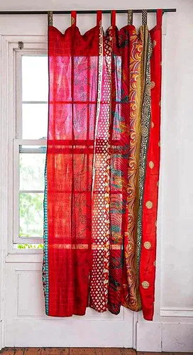 Miniatura 3 de EthinicCraftHub® - Cortina india de seda Sari con diseño de retazos estilo gitano bohemio hippy bohemio para colgar en la pared