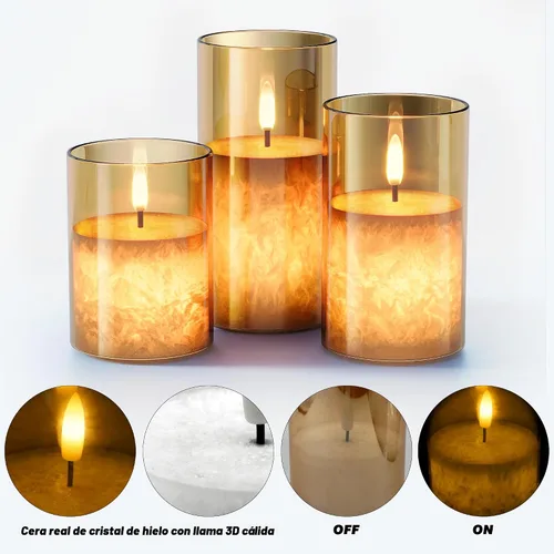 Miniatura 6 de VIODAIM Velas de cera real de cristal de hielo sin llama con control remoto y temporizador, velas operadas por baterías con llama parpadeante Dorado