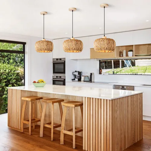 Miniatura 3 de Luces colgantes bohemias para isla de cocina, 11.8 pulgadas, luminaria de ratán bohemio tejida a mano, iluminación de tejido de hierba marina Tejido