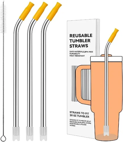 Miniatura 21 de Pajitas de metal rectas para vaso Stanley de 40 onzas, paquete de 3 popotes reutilizables de acero inoxidable con puntas de silicona y cepillo Gris