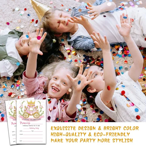Miniatura 5 de Invitaciones de cumpleaños de princesa con sobres, tarjeta de invitación de fiesta real para niñas, tarjetas de invitaciones rosadas y doradas