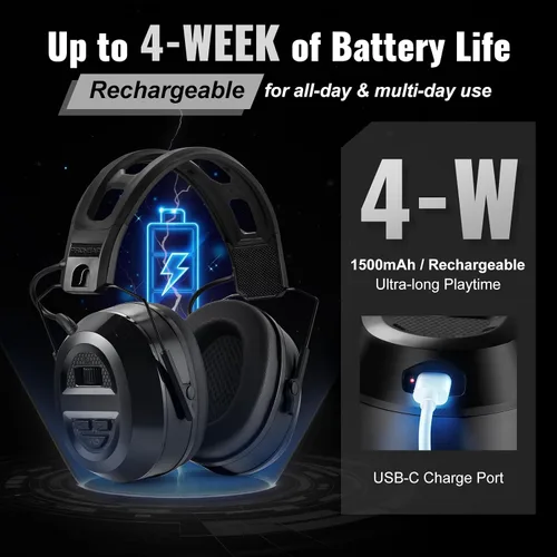 Miniatura 6 de PROHEAR 039 Bluetooth 6.0 Hearing Protection with 26dB NRR OSHA Approved, Rechargeable 1100mAh Battery for 4 wks Runtime