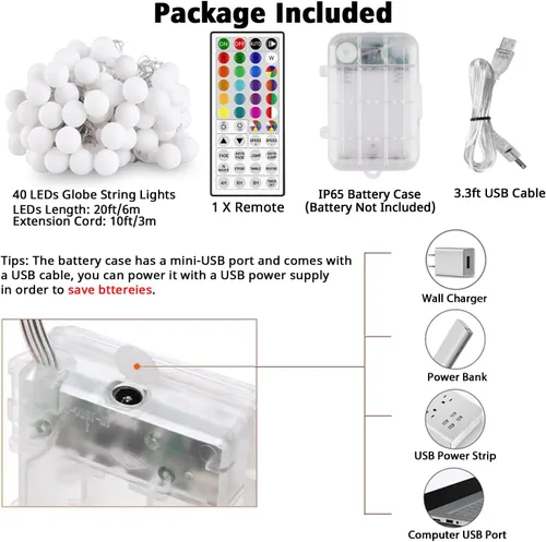 Miniatura 6 de OMIKA Guirnalda de luces de 20 pies, 40 LED de 24 colores cambiantes, funciona con pilas, luces de Navidad alimentadas por USB, cadena de luces