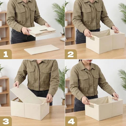 Miniatura 5 de Cubos de almacenamiento de tela plegables, 2 paquetes de cestas de almacenamiento de tela con asas de madera, contenedores organizadores plegables