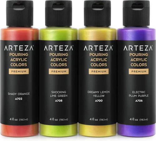 Miniatura 2 de ARTEZA Pintura acrílica metálica iridiscente, juego de 4, tonos de sorbete, 4 onzas líquidas, pintura de alto flujo para lienzo, vidrio, madera