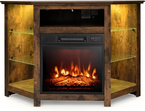 Miniatura 13 de Tangkula - Soporte de TV de esquina con chimenea y luces LED y control inteligente por APP para TV de 50 pulgadas, centro de entretenimiento con Gris