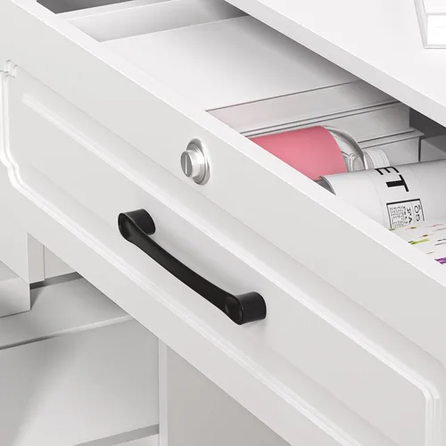 Miniatura 7 de Pequeño escritorio de maquillaje con espejo LED deslizante y almacenamiento oculto, juego de mesa de tocador con cajón de almacenamiento y silla